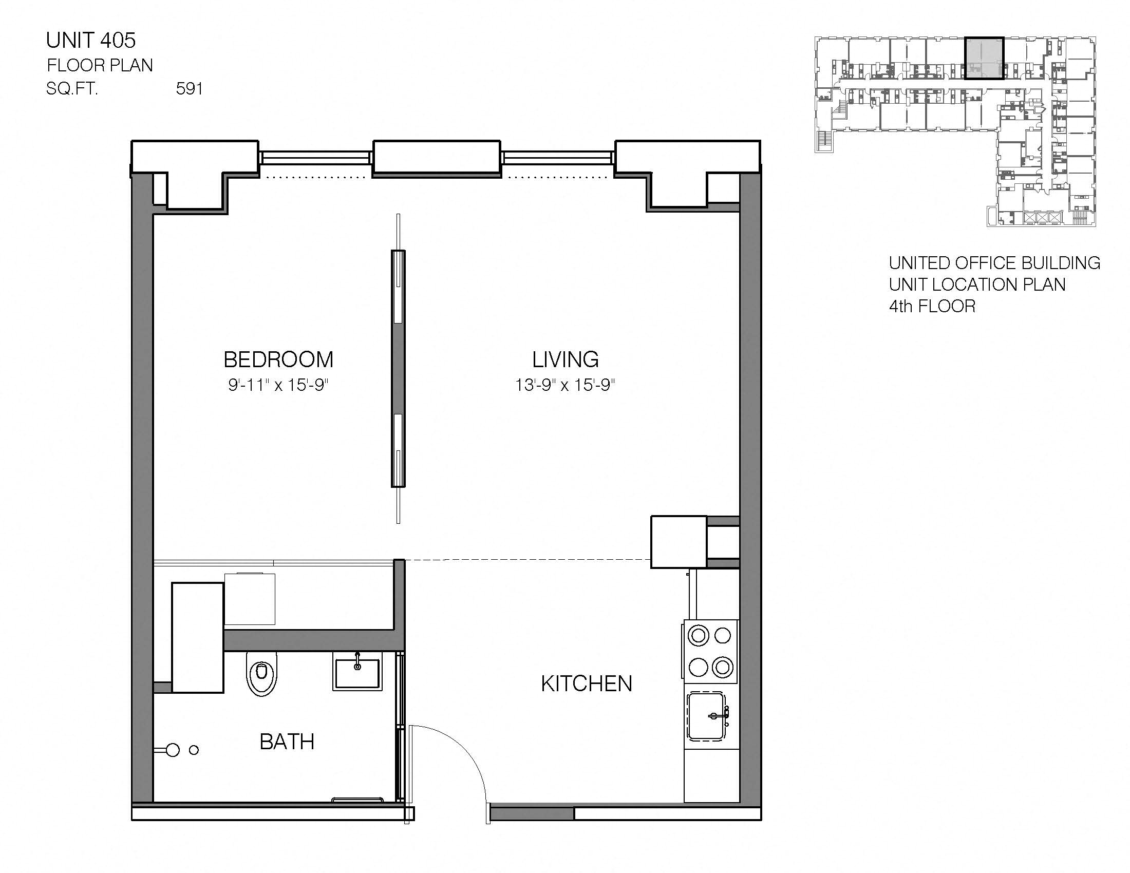 Floor plan for 1 bed, 1 bath, 591 sqft